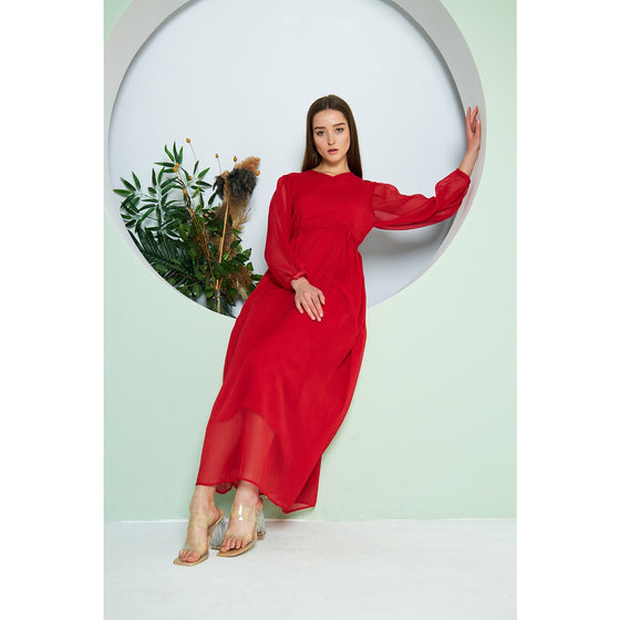 Chiffon Red V Neck Belted Dress | Montivo Pakistan