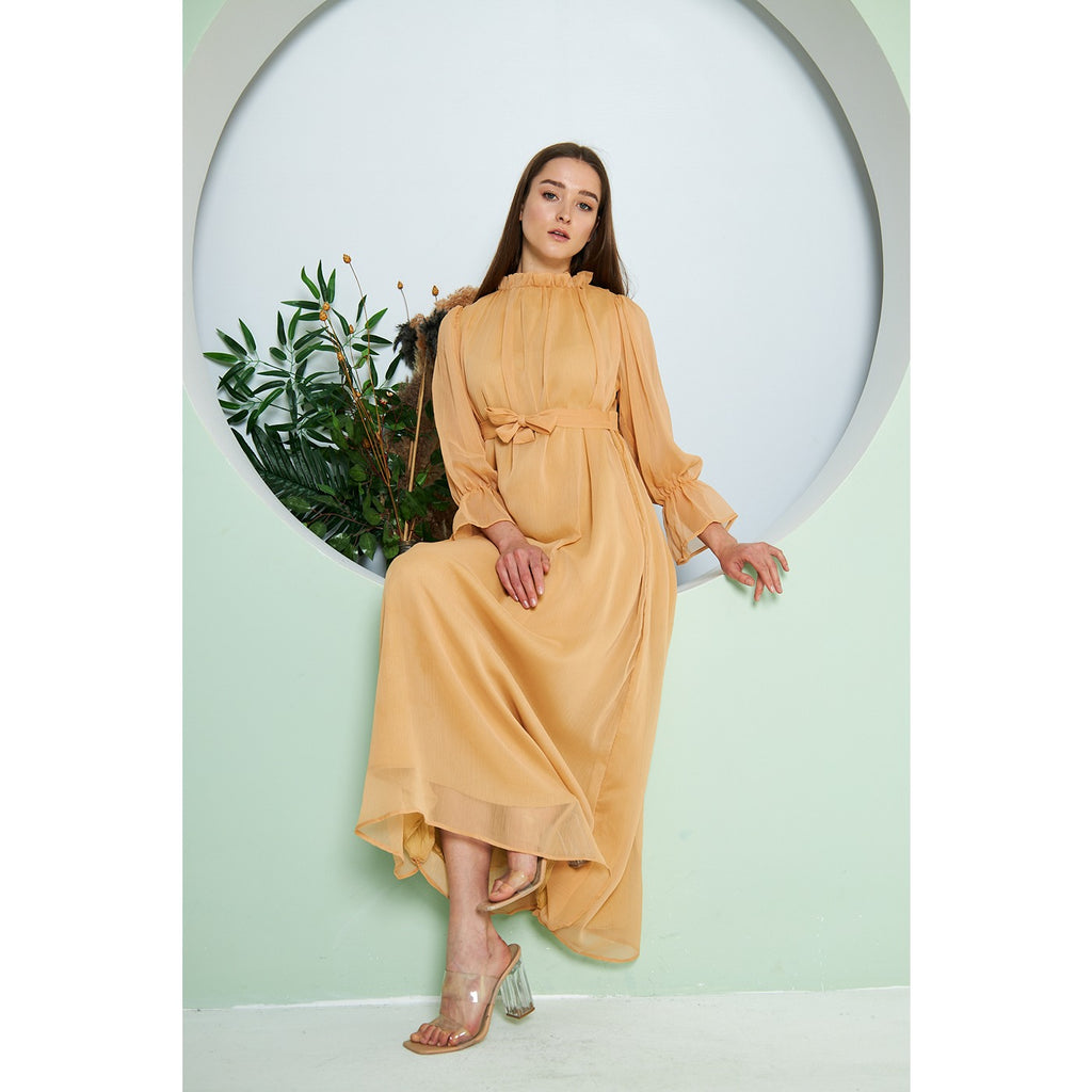 Chiffon Mustard Pleated Neck Dress | Montivo Pakistan