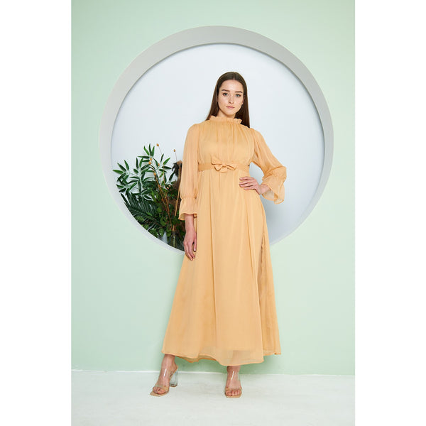 Chiffon Mustard Pleated Neck Dress | Montivo Pakistan