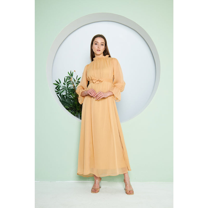 Chiffon Mustard Pleated Neck Dress | Montivo Pakistan