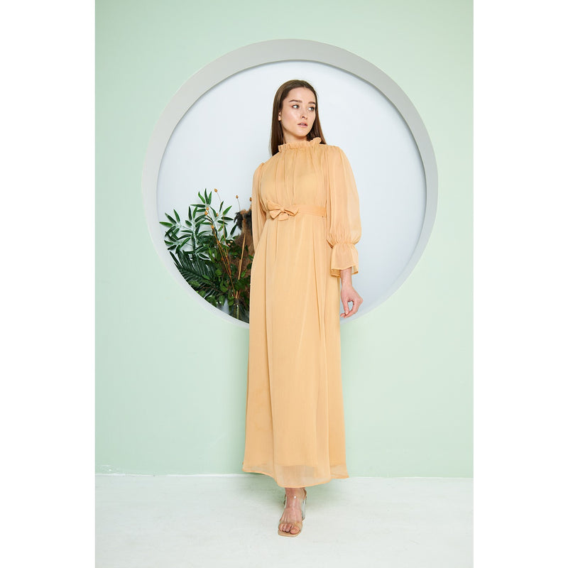 Chiffon Mustard Pleated Neck Dress | Montivo Pakistan