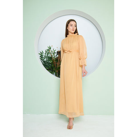 Chiffon Mustard Pleated Neck Dress | Montivo Pakistan