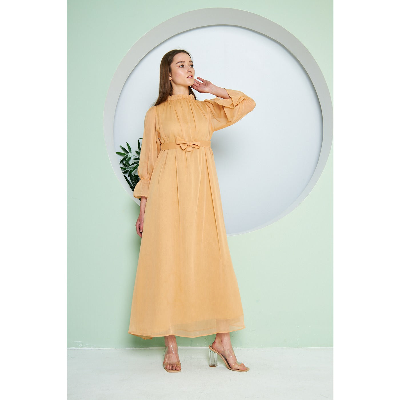 Chiffon Mustard Pleated Neck Dress | Montivo Pakistan