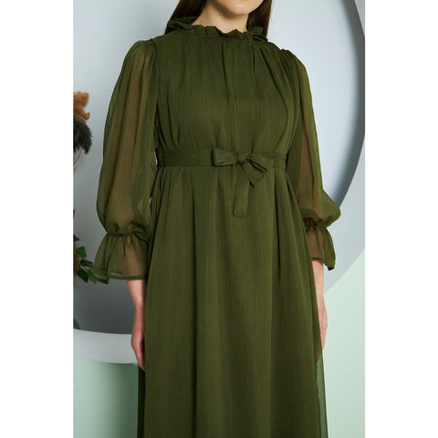 Chiffon Green Pleated Neck Dress | Montivo Pakistan