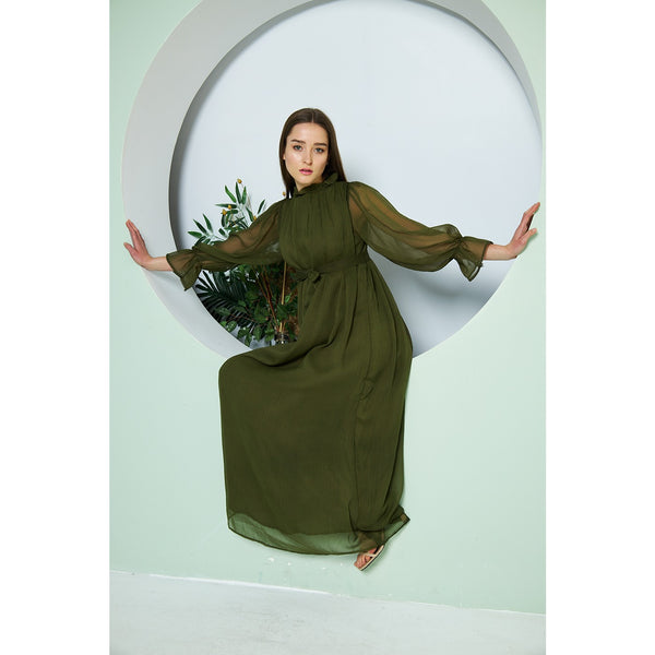 Chiffon Green Pleated Neck Dress | Montivo Pakistan