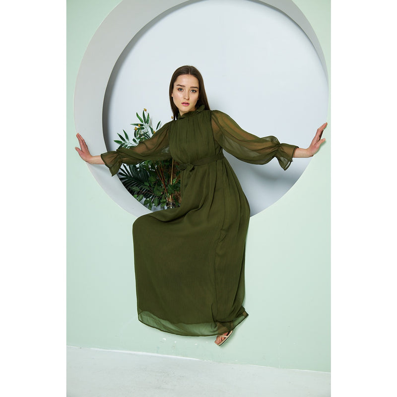 Chiffon Green Pleated Neck Dress | Montivo Pakistan