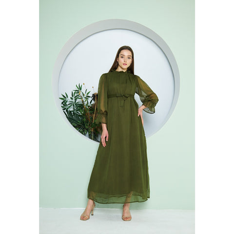 Chiffon Green Pleated Neck Dress | Montivo Pakistan