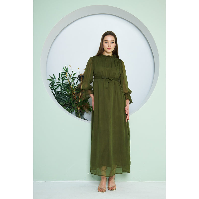 Chiffon Green Pleated Neck Dress | Montivo Pakistan
