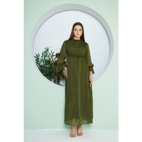 Chiffon Green Pleated Neck Dress | Montivo Pakistan