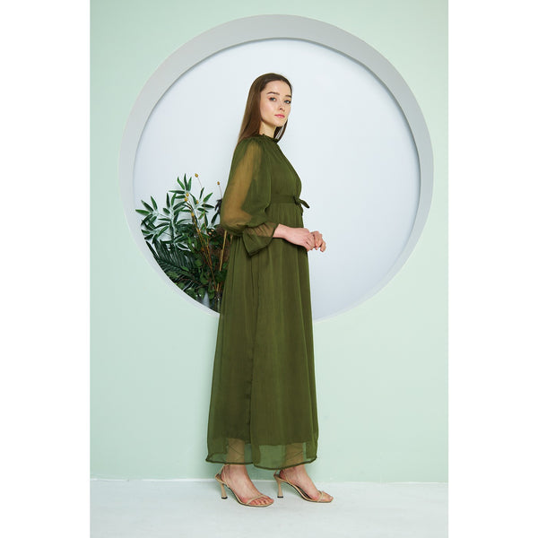 Chiffon Green Pleated Neck Dress | Montivo Pakistan