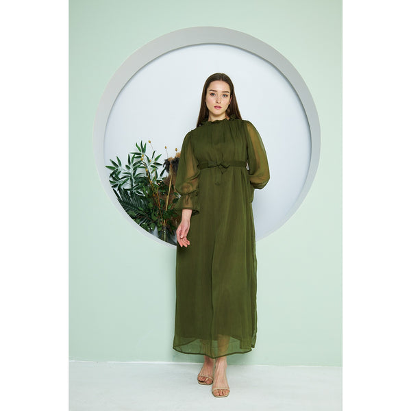 Chiffon Green Pleated Neck Dress | Montivo Pakistan