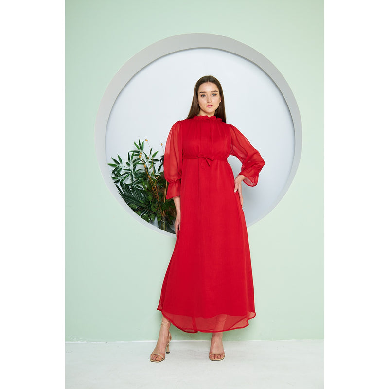 Chiffon Red Pleated Neck Dress | Montivo Pakistan