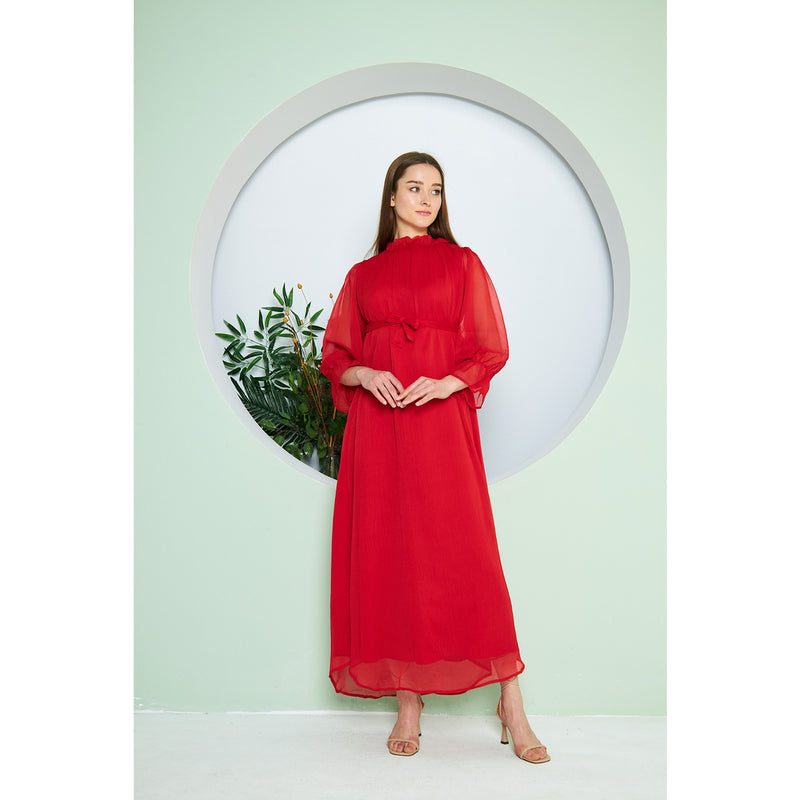 Chiffon Red Pleated Neck Dress | Montivo Pakistan