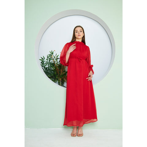 Chiffon Red Pleated Neck Dress | Montivo Pakistan