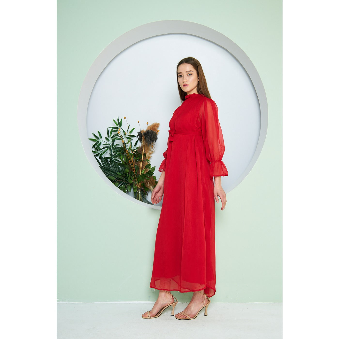 Chiffon Red Pleated Neck Dress | Montivo Pakistan