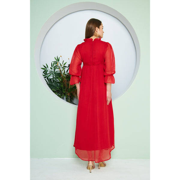 Chiffon Red Pleated Neck Dress | Montivo Pakistan