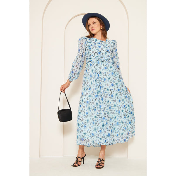 Blue Floral Dress With Back Detailing | Montivo Pakistan