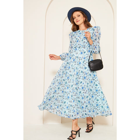 Blue Floral Dress With Back Detailing | Montivo Pakistan