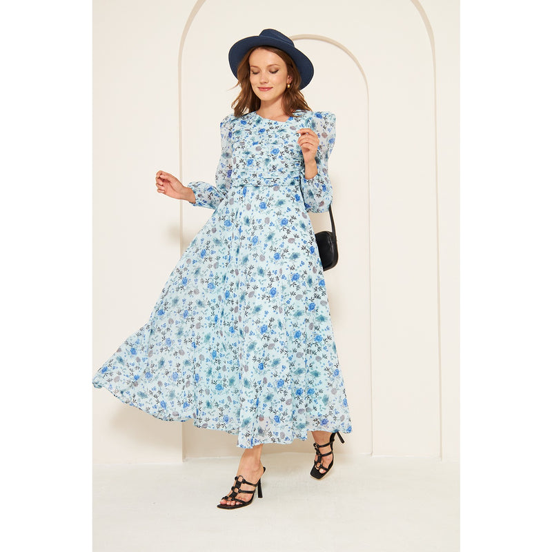 Blue Floral Dress With Back Detailing | Montivo Pakistan