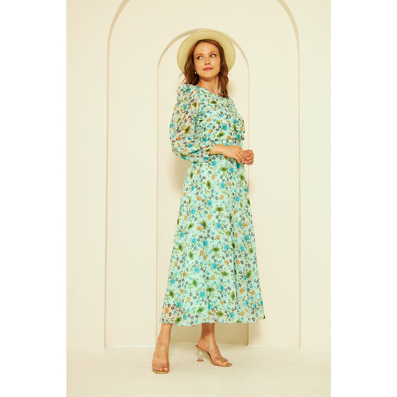 Green Floral Dress With Back Detailing | Montivo Pakistan