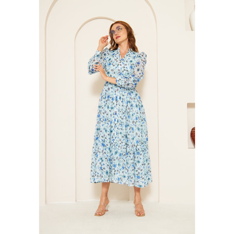 Blue Chiffon Floral Shirt Dress | Montivo Pakistan