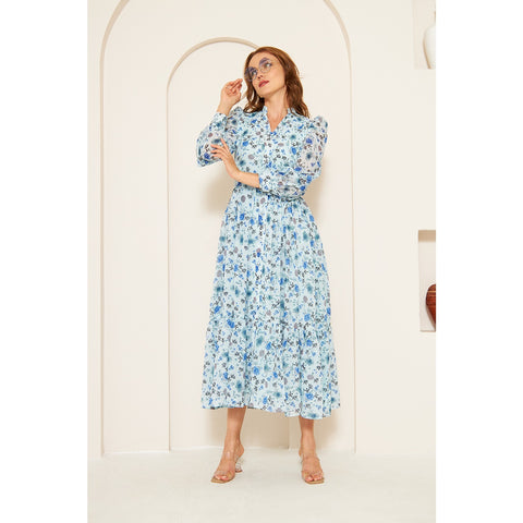 Blue Chiffon Floral Shirt Dress | Montivo Pakistan