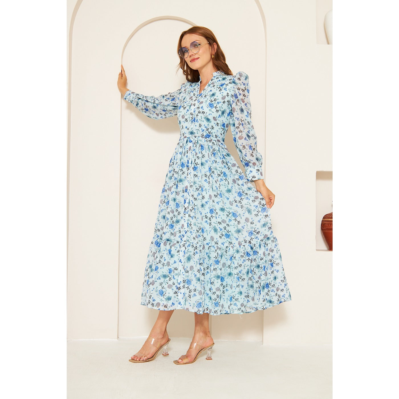 Blue Chiffon Floral Shirt Dress | Montivo Pakistan