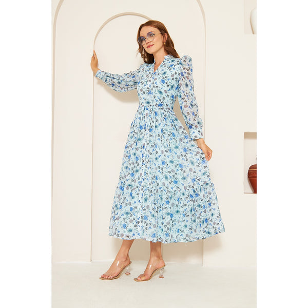 Blue Chiffon Floral Shirt Dress | Montivo Pakistan