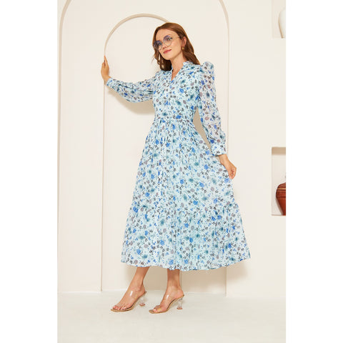 Blue Chiffon Floral Shirt Dress | Montivo Pakistan
