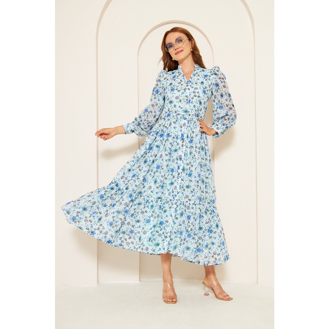 Blue Chiffon Floral Shirt Dress | Montivo Pakistan