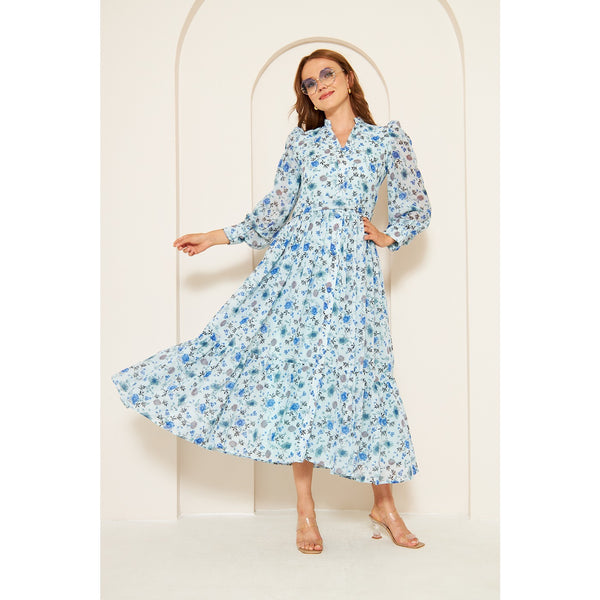 Blue Chiffon Floral Shirt Dress | Montivo Pakistan