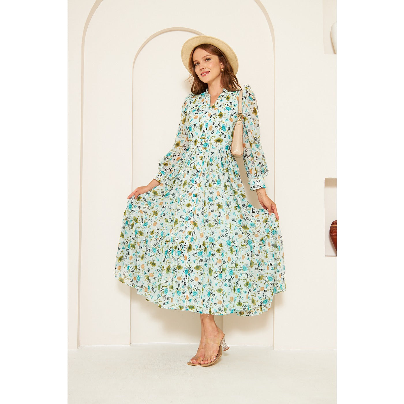 Green Chiffon Floral Shirt Dress | Montivo Pakistan