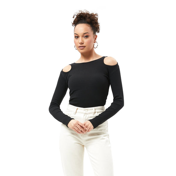Black Ribbed Shoulder Cut Top | Montivo Pakistan