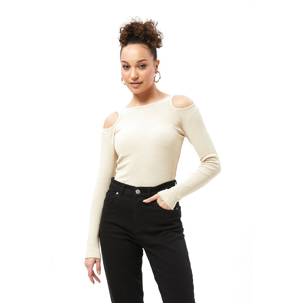 Beige Ribbed Shoulder Cut Top | Montivo Pakistan
