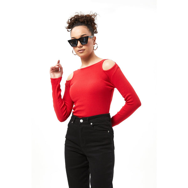 Red Ribbed Shoulder Cut Top | Montivo Pakistan