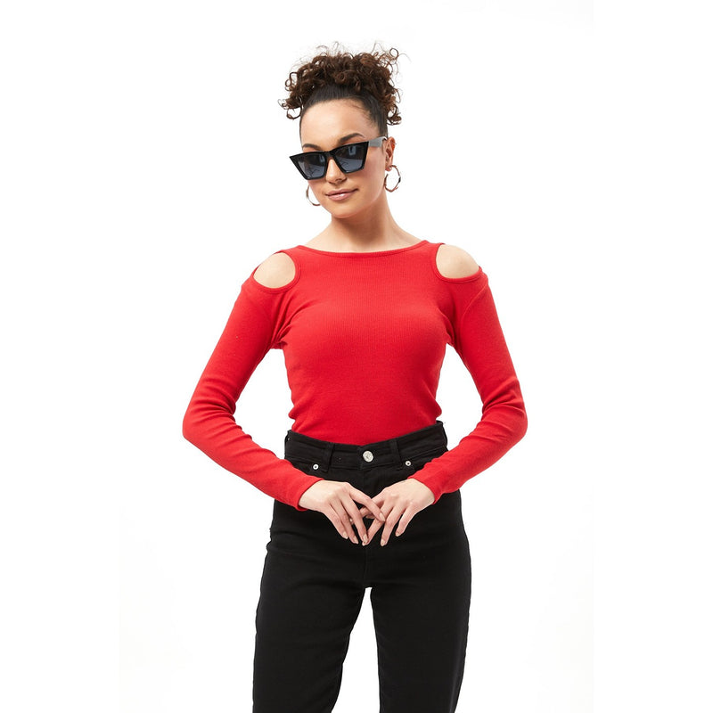 Red Ribbed Shoulder Cut Top | Montivo Pakistan