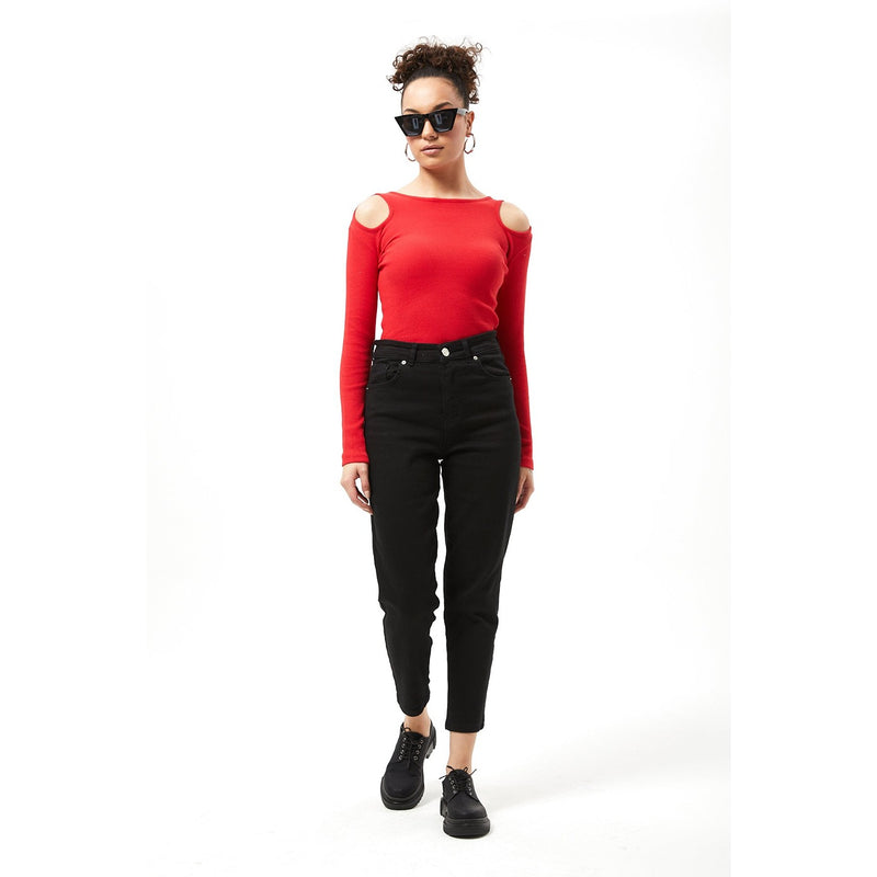 Red Ribbed Shoulder Cut Top | Montivo Pakistan