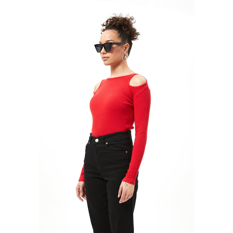 Red Ribbed Shoulder Cut Top | Montivo Pakistan