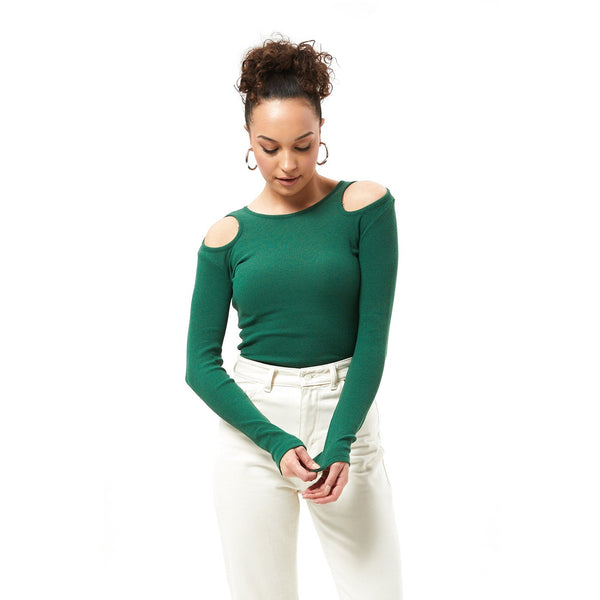 Green Ribbed Shoulder Cut Top | Montivo Pakistan