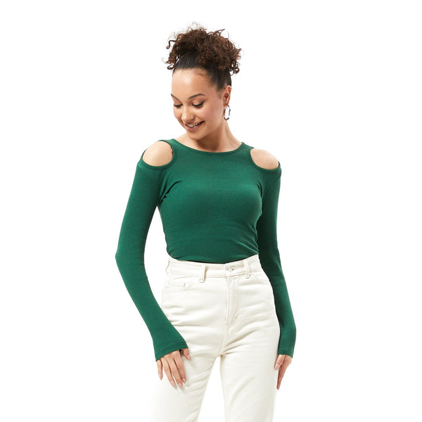 Green Ribbed Shoulder Cut Top | Montivo Pakistan