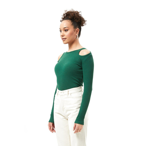 Green Ribbed Shoulder Cut Top | Montivo Pakistan