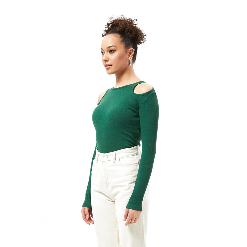 Green Ribbed Shoulder Cut Top | Montivo Pakistan