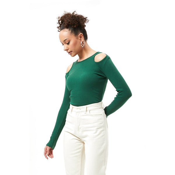 Green Ribbed Shoulder Cut Top | Montivo Pakistan