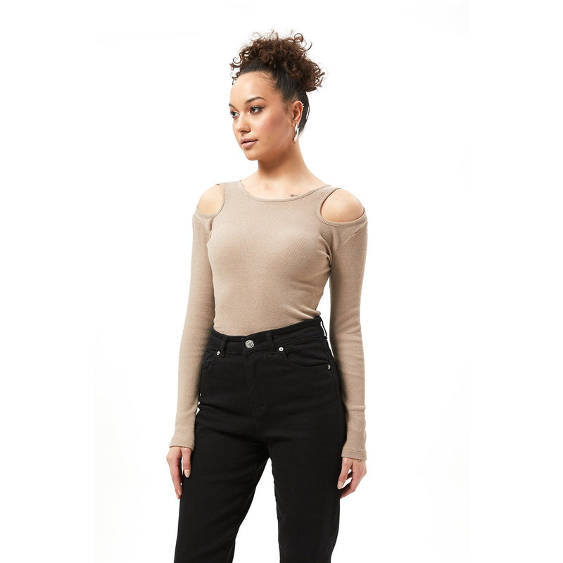 Light Brown Ribbed Shoulder Cut Top | Montivo Pakistan
