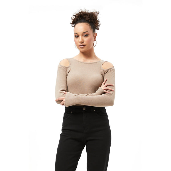 Light Brown Ribbed Shoulder Cut Top | Montivo Pakistan