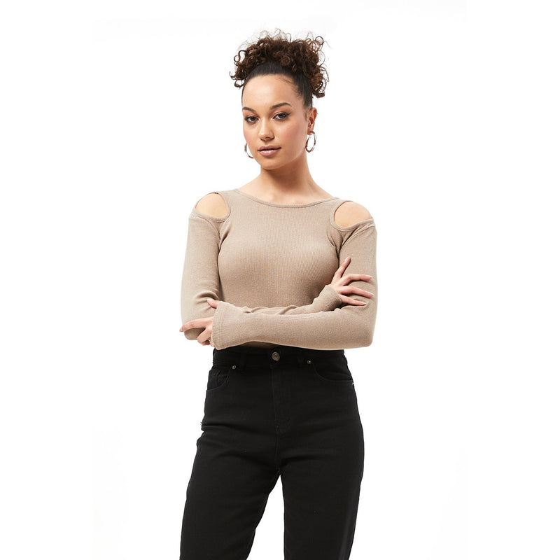 Light Brown Ribbed Shoulder Cut Top | Montivo Pakistan