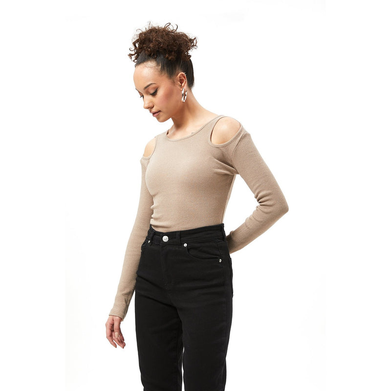 Light Brown Ribbed Shoulder Cut Top | Montivo Pakistan