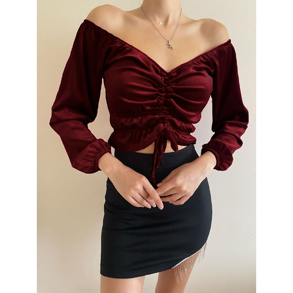 Burgundy Pleated Velvet Blouse | Montivo Pakistan