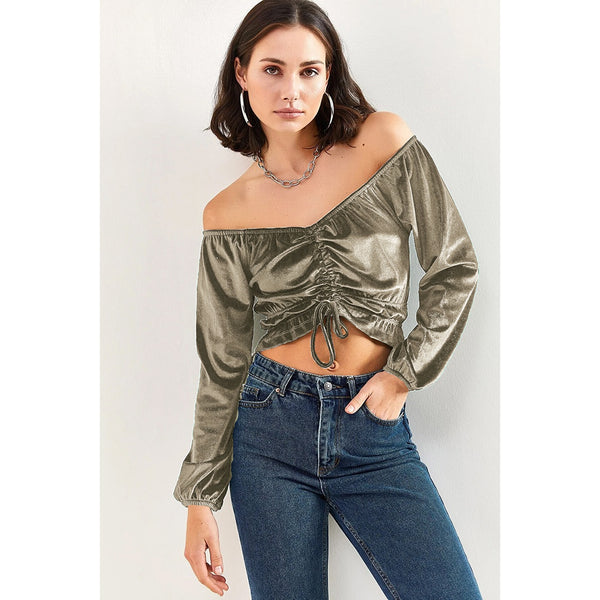 Gold Pleated Velvet Blouse | Montivo Pakistan