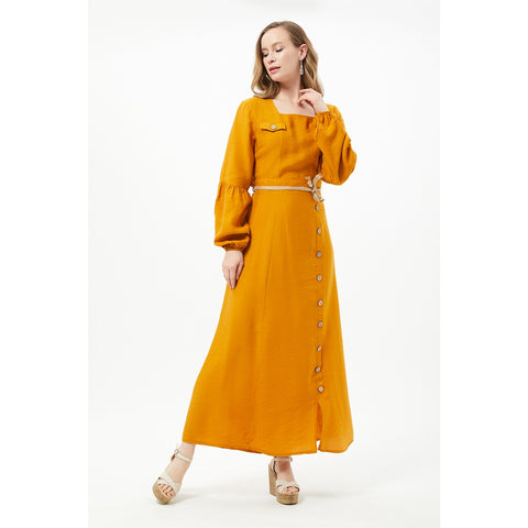 Mustard Button Detail Long Dress | Montivo Pakistan
